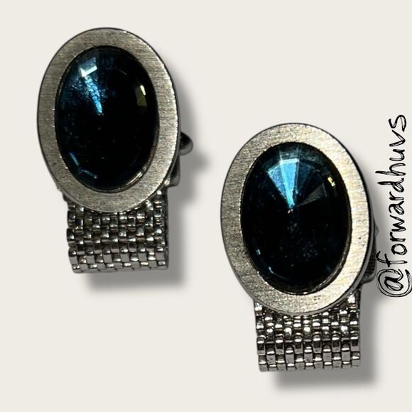 Vintage Silver-Tone Mesh Cufflinks – Faceted Blue Glass Stones - Picture 4 of 9